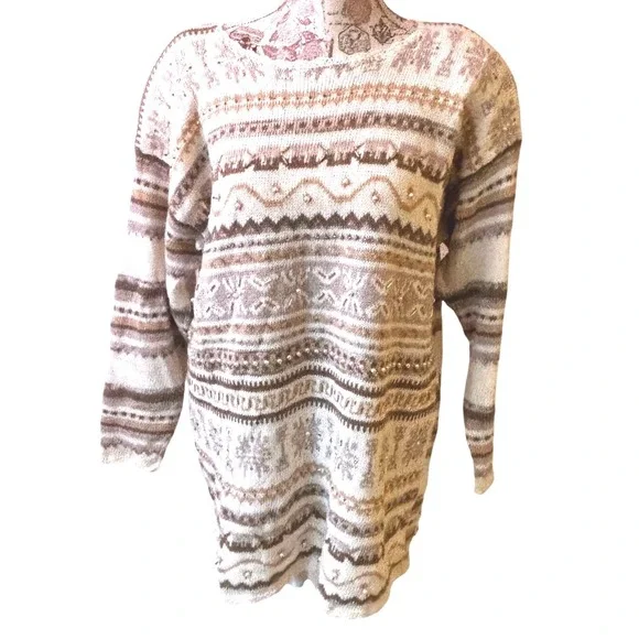 Vintage cottagecore LONG knit Women's Sweater 14 16 Beige Embellished grandmacor - Picture 1 of 14